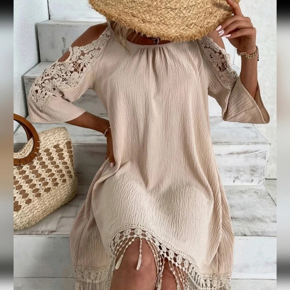 Contrast Guipure Lace Cold Shoulder Dress - Picture 1 of 5